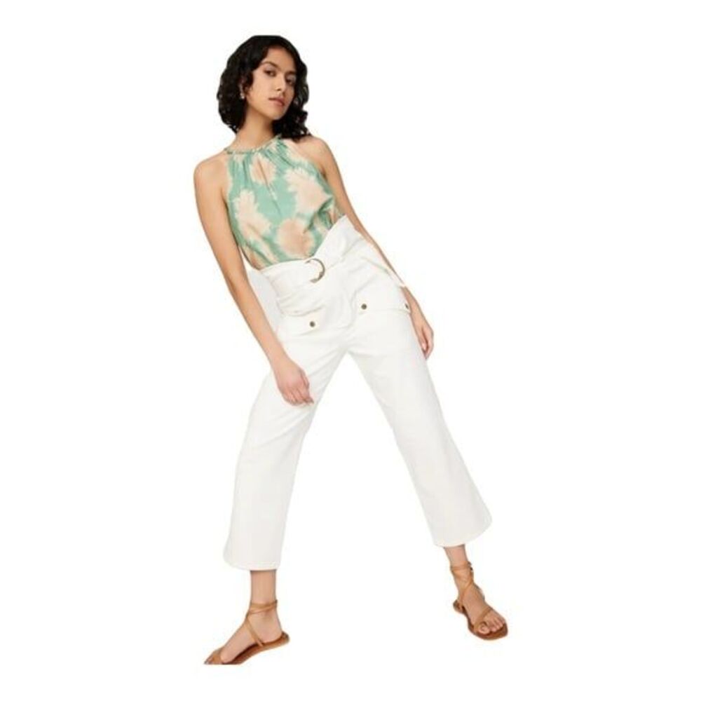 Marissa Webb Collective Sz 6 White Canvas Pants Jeans wide belt High Waist rtr